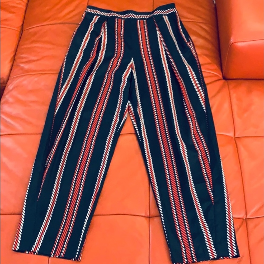 Zara Basic navy, red, and white striped pleated trousers.